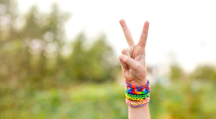 Сolor background children's hand gesture peace