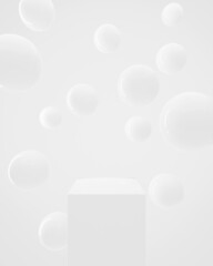 Empty podium with white glossy balls. WIde angle. 3d render. High quality 4k footage
