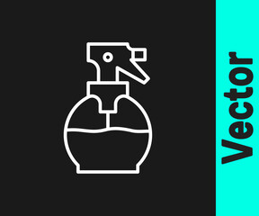 White line Hairdresser pistol spray bottle with water icon isolated on black background. Vector