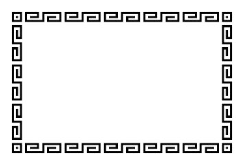 Meander rectangle with simple meander pattern. Rectangular frame and decorative border, made of angular spirals shaped into seamless motif, known as Greek key. Black and white illustration over white.