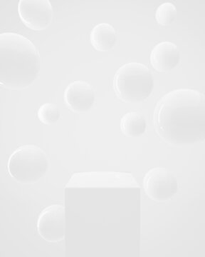 Empty podium with white glossy balls. WIde angle. 3d render. High quality 4k footage
