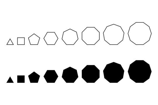 Regular polygons, with the same line segment length, in a row. Convex, equiangular and equilateral polygons, from a triangle, square, pentagon and hexagon to a heptagon, octagon, nonagon and decagon.