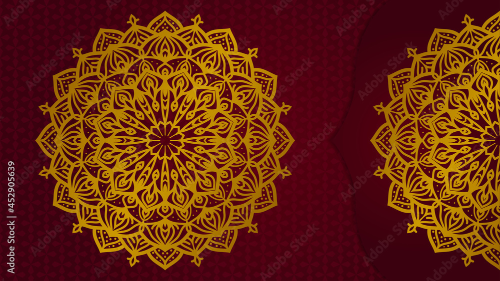 Poster golden mandala art with luxurious pattern background for web or print vector design element