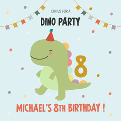 Fototapeta premium An illustration in a vector. Invitation to the dino party, in cartoon style, on a blue background, with the image of a cute funny dinosaur.