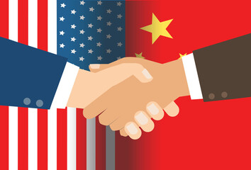 Relationship with hand shake on flag of USA and China. It is symbol trade and Military war. - obrazy, fototapety, plakaty