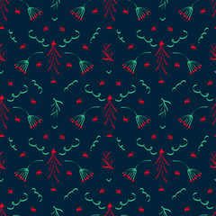 New Year's pattern with holly berries. Background of berries in a circle of snowflakes and letna. A hand-drawn pattern for packaging paper or textiles. Happy New Year. Vector illustration