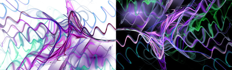 Colorful sinusoidal signals spread over white and black backgrounds. Two backgrounds in one. 3d rendering. 3d illustration.