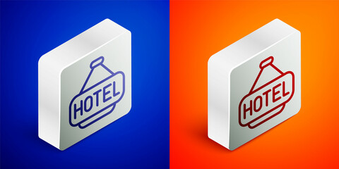 Isometric line Signboard outdoor advertising with text Hotel icon isolated on blue and orange background. Silver square button. Vector