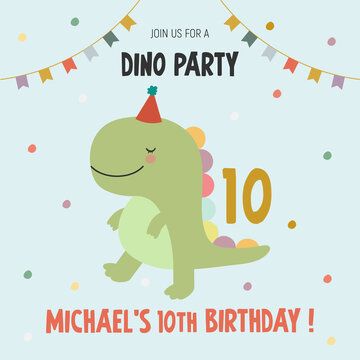  An illustration in a vector. Invitation to the dino party, in cartoon style, on a blue background, with the image of a cute funny dinosaur.
