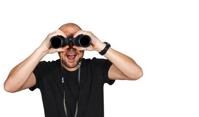 Man looking through binoculars looking happy and excited. Isolated on white with copy space.