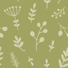 Green floral pattern with branch, berries, leafs. Seamless texture for fabric, textile, wrapping, paper, stationery, pillow.