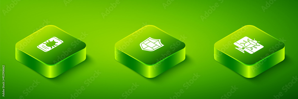 Poster set isometric shield with brick wall, system bug on monitor and mobile icon. vector
