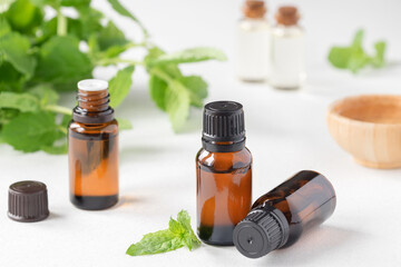 Mint essential oil. Mint leaves, oil in small glass bottles.