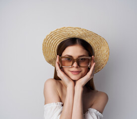 beautiful woman fashion glasses makeup light background