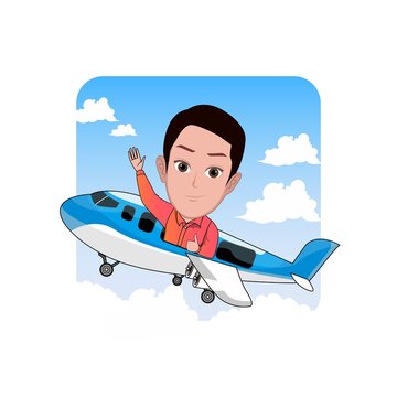 Cartoon carricature of a man is on an airplane