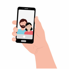 a man and a woman take a selfie on their phone, color vector illustration