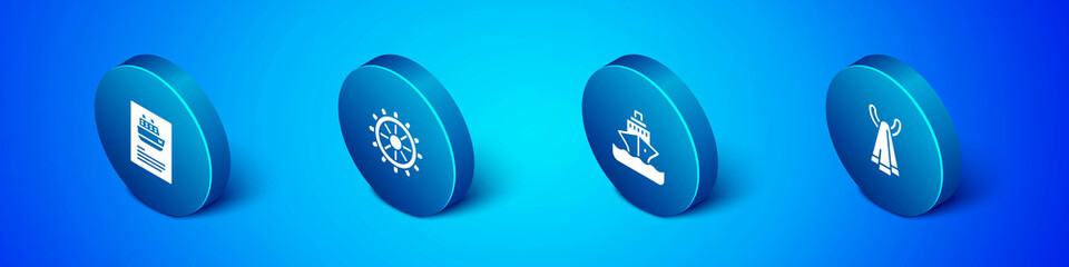 Set Isometric Cruise ship, , Towel on a hanger and Ship steering wheel icon. Vector