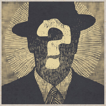 Silhouette of an unknown incognito man in a hat and suit and a question mark. Raster illustration