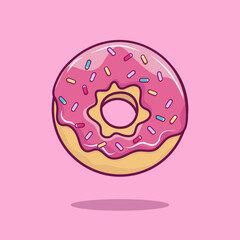 Donut isolated on a pink background. Cute, colorful and glossy donuts with pink icing and multi-colored powder. Simple modern design. Realistic vector illustration.