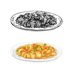 Fried noodle on plate. Vintage vector hatching hand drawn illustration isolated