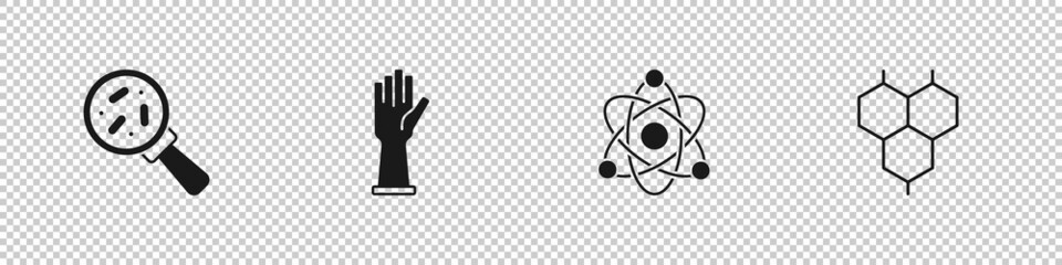 Set Microorganisms under magnifier, Medical rubber gloves, Atom and Chemical formula icon. Vector