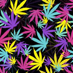 Cannabis leaves seamless pattern on black background.