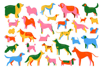 Dog breeds set, 30 hand drawn colouful vector illustrations