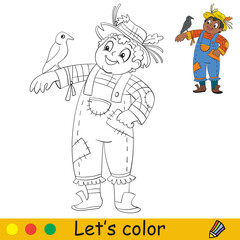 Coloring with template Halloween boy in a scarecrow costume