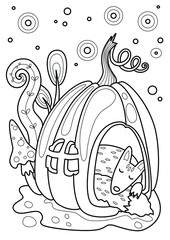 Cartoon page for coloring book with fox and pumpkin, hand-drawn vector illustration.