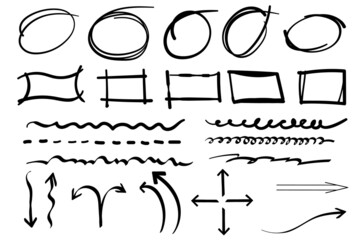 Infographic scribble doodle sketch vector elements with line marker stroke, arrow direction, round circle and rectangle frame, hand drawn, vector illustration
