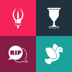 Set pop art Dove, Speech bubble rip death, Christian chalice and Lily flower icon. Vector