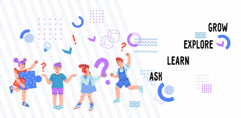 Kids education website banner concept. Explore and learn idea of web page for children online courses, school education and extracurricular activity, flat vector.