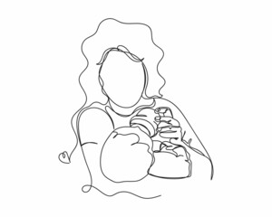 Continuous one line drawing of mother feeding newborn baby icon in silhouette on a white background. Linear stylized.