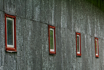 red wooden windows