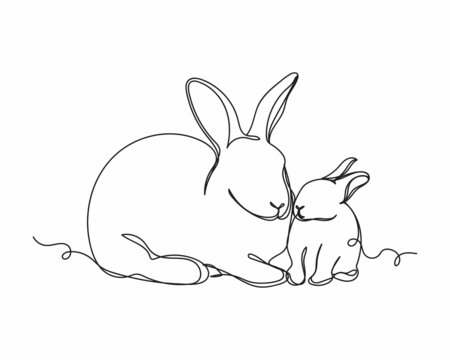 Continuous one line drawing of mother rabbit with baby bunny icon in silhouette on a white background. Linear stylized.