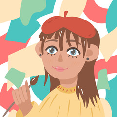 Artist girl colorful illustration. Artist with a brush. Vector illustration about the artist's profession.