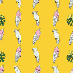 Vector hot yellow background tropical birds, parrots, exotic cheese plant, monstera leaves. Seamless pattern background