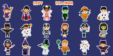Mega set of Halloween party characters stickers. Eighteen children in different Halloween costumes on a white background. Cartoon, flat, vector.