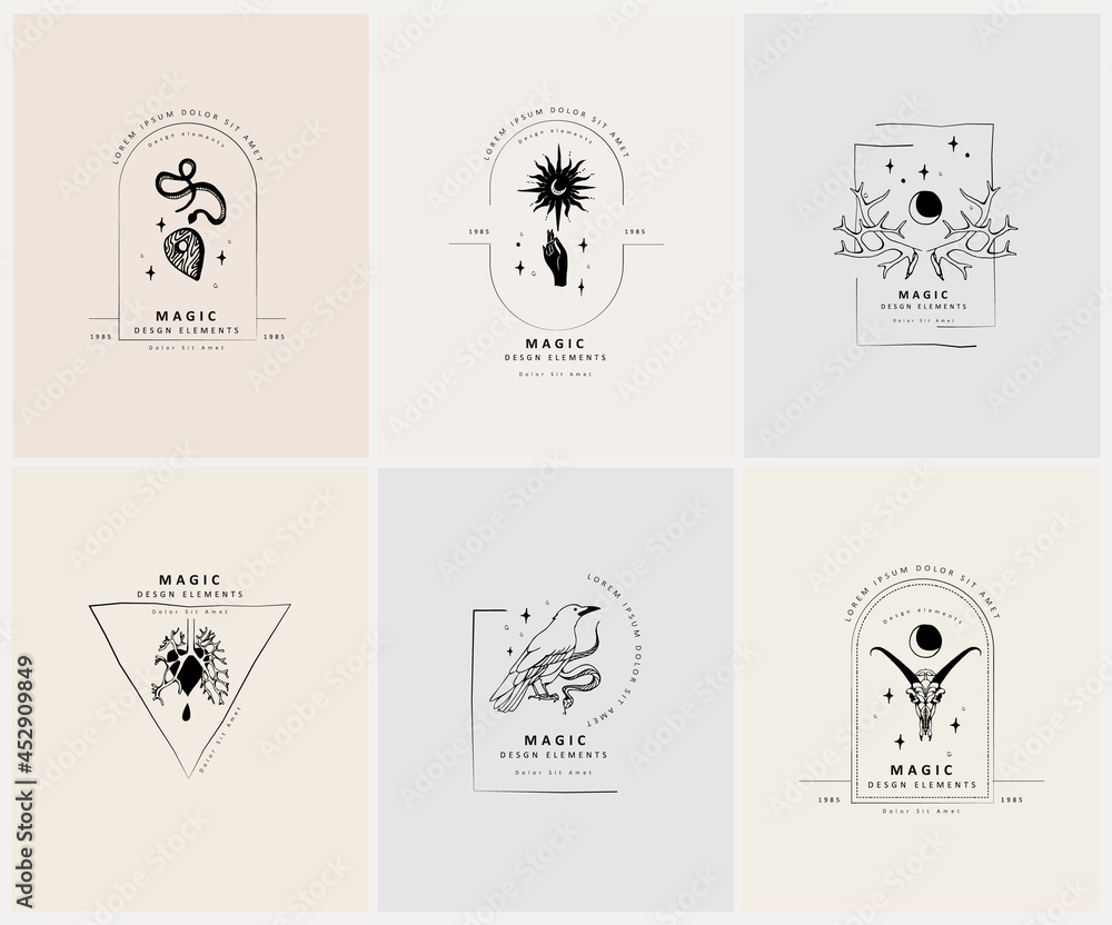Wall mural set of boho hand drawn mystical magic set. esoteric doodle elements and logo icons with hands, raven