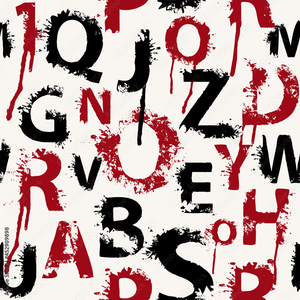 Poster seamless pattern with abstract letters in form of red and black paint blots and splashes on a light 