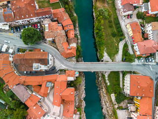 Kanal Ob Soci in Sova Valley in Slovenia. Aerial Drone Townscape