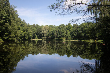 Obraz premium Lake reflection with beautiful clouds and mountain background 4
