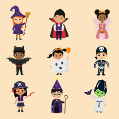 Set of twelve characters children of the Halloween party. Children in colorful Halloween costumes cartoon style. Vector