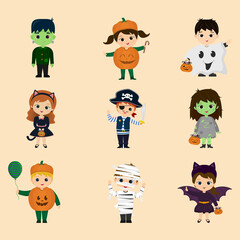 Set of twelve characters children of the Halloween party. Children in colorful Halloween costumes cartoon style. Vector.
