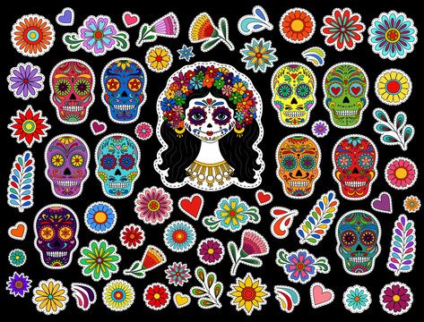 Day of the Dead stickers. Dia de los muertos. Day of the dead, mexican Halloween stickers. Calavera Catrina. Day of the dead sugar skull isolated. Dia de los Muertos skulls sticker. Mexican tradition
