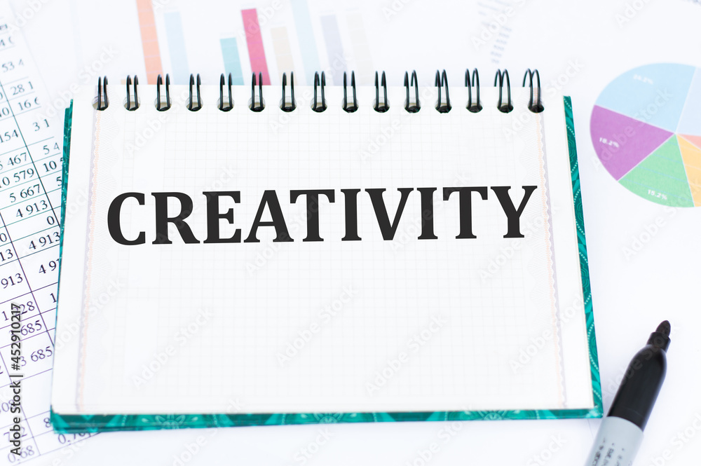 Poster notebook with text creativity on the table