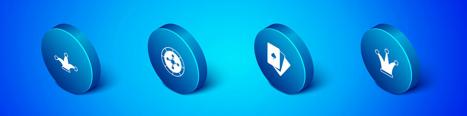 Set Isometric Joker playing card, Deck of cards, and Casino roulette wheel icon. Vector