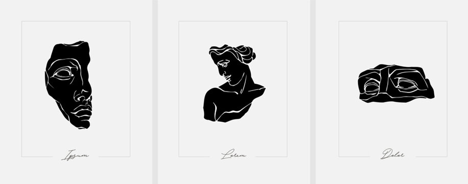 Set of antique marble statues with broken elements. Greek classic ancient of Venus, amphora. Modern tattoo and logo. Hand drawn mythical trendy Vector