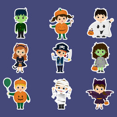 A set of stickers of twelve Halloween party kids characters. Children in colorful Halloween costumes cartoon style. Vector.