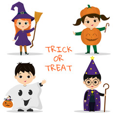 Set of four kids Halloween party characters. Children in colorful Halloween costumes witch, pumpkin, mummy, stargazer in cartoon style. Flat vector
